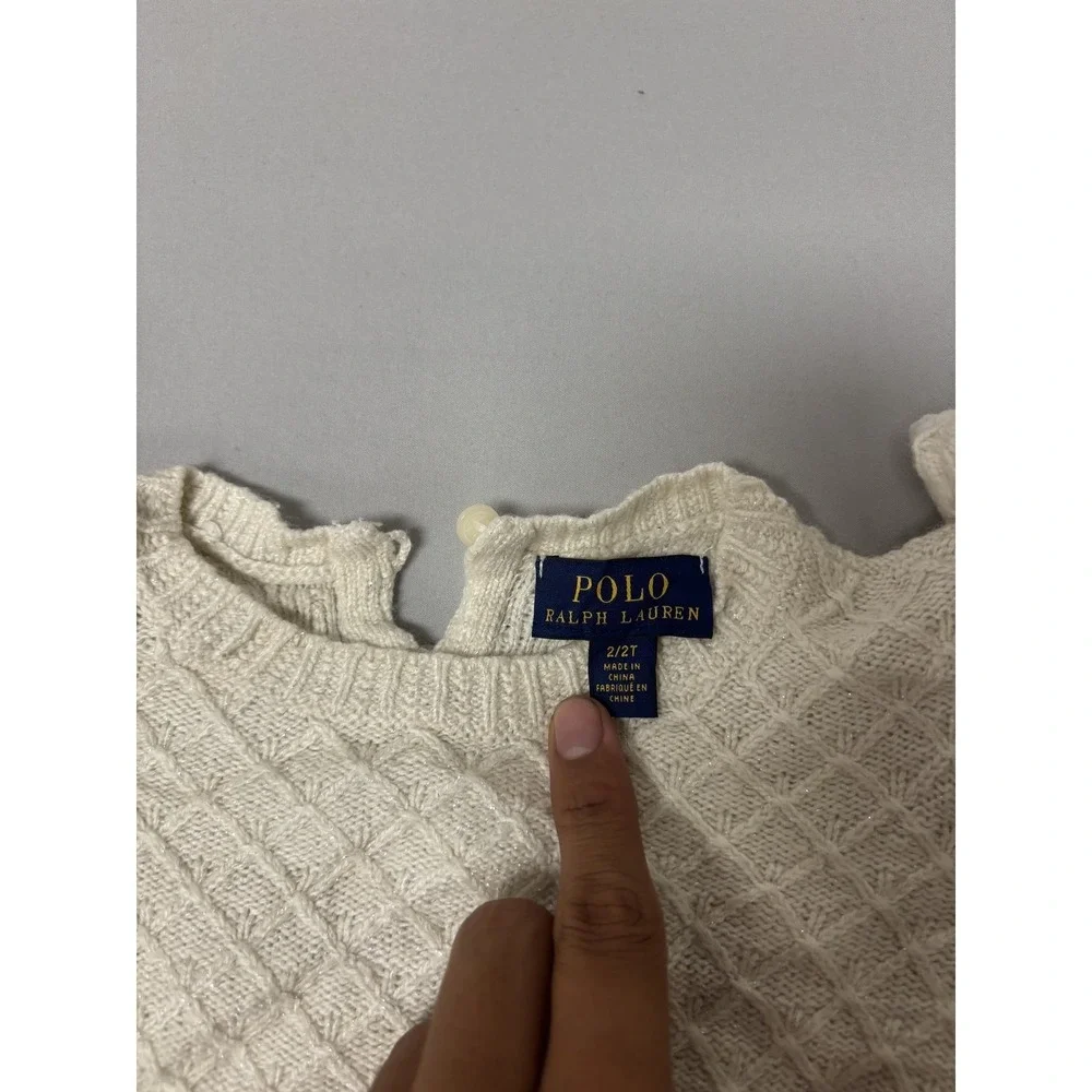 Polo Ralph Lauren Baby Girls 2T Cream Diamond Knit Ruffle Shimmer Sweater Top